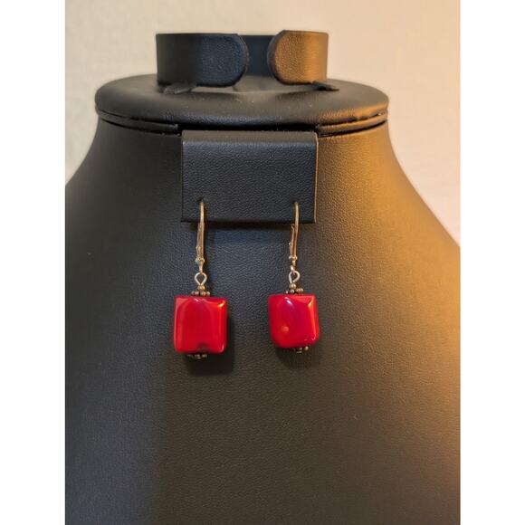 Chunky Red Coral Dangle Lever Back Earrings - Picture 3 of 4